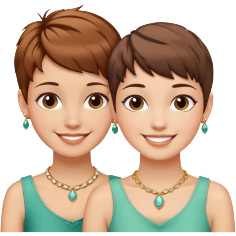 Fair skin and brown colored besties with brown hair pixie cuts wearing jewelry  both brown hair  emoji