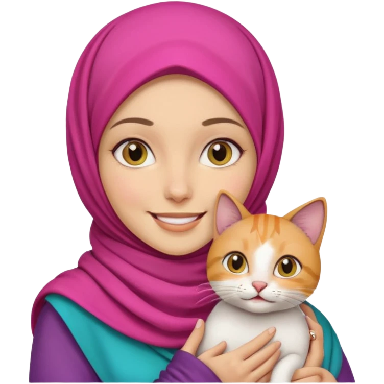 white woman with colorful hijab, smiling, holding a cat emoji