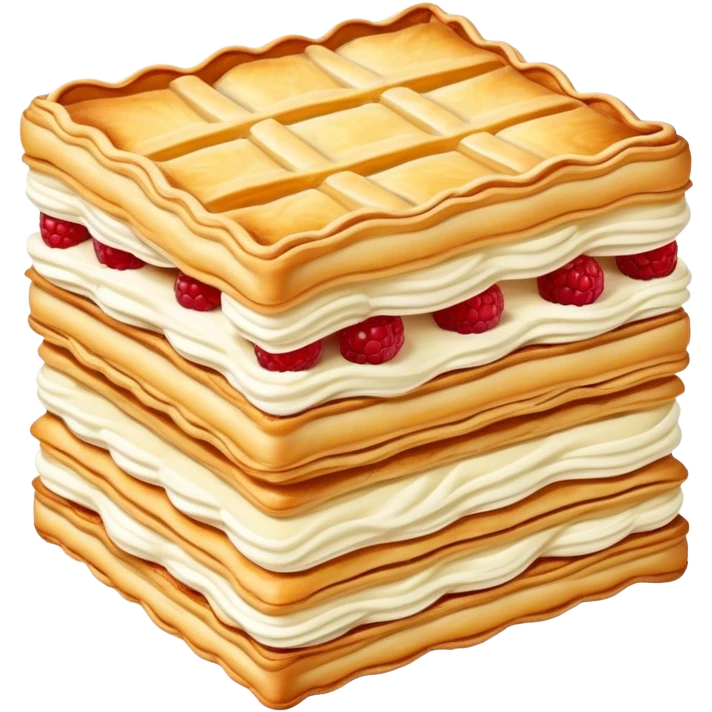 Mille-feuille Cinematic Realistic Mille-Feuille Dessert Emoji, depicted as a delicate pastry composed of two crisp layers of puff pastry with a rich cream filling, rendered with intricate textures and elegant, soft lighting. emoji