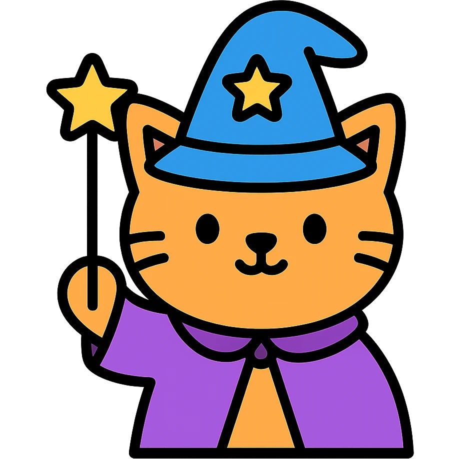 cat magician with a wizard hat and wand, colorful icon emoji