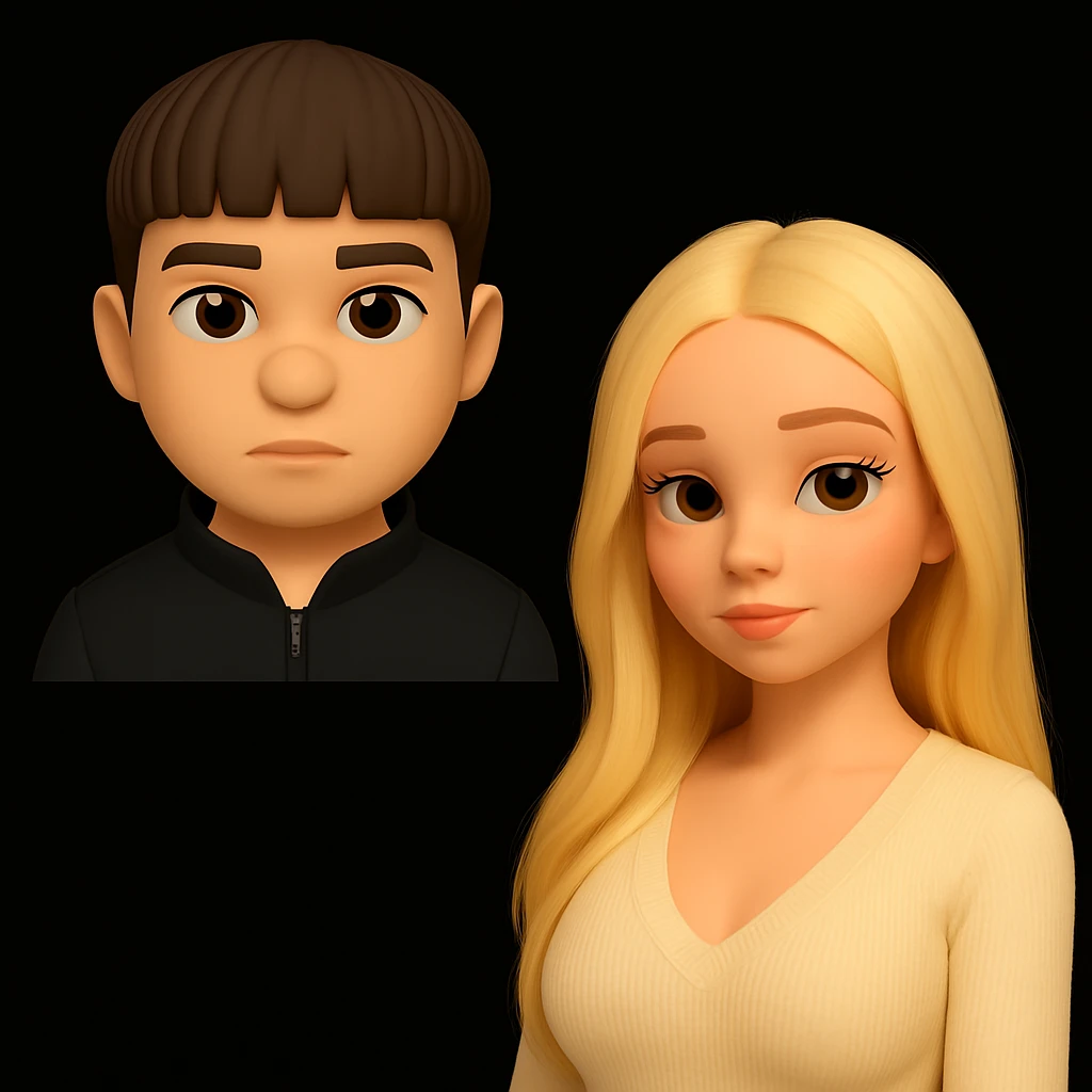 разместить этих двух 3d emoji персонажей на одном фоне, чтобы парень и девушка стояли максимально раздельно друг от друга, с большим пространством между ними, не изменяя стилизацию изображений. Парень чуть выше девушки, у девушки немного увеличена грудь. emoji