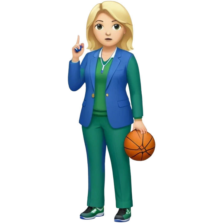 Full Body white plus size female basketball head coach with whistle  blonde hair shoulder length in a blue and green suit emoji