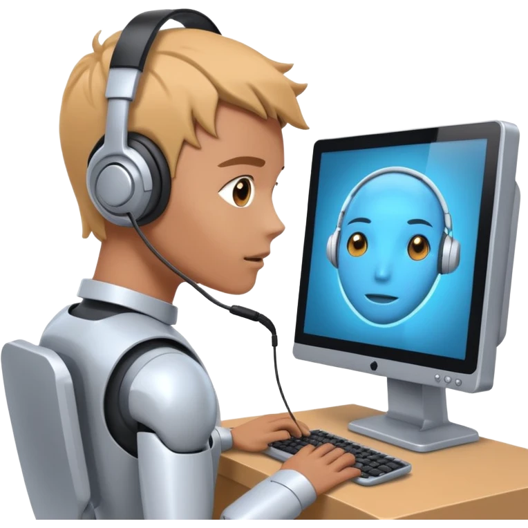 human is using some complicated system, in front of the monitor, asking someting to the monitor by natural language the monitor, ai robot answering in his own language emoji