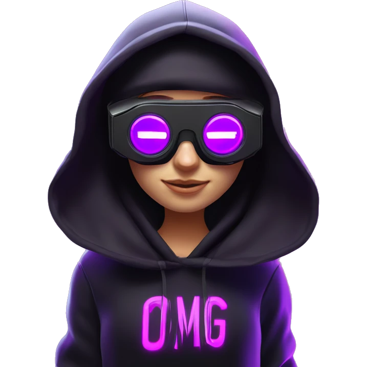 Russian girl wearing black hoody with violet letters "OMG", in vr headset oculus quest2. Dancing. Cyberpunk style. Violet neon. emoji