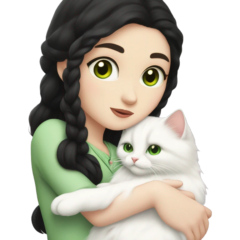 girl with pale skin, very long dark black hair and green eyes and light pink outfit hugging a white fluffy scottish cat emoji