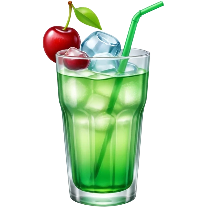 Create an emoji with a very clear rounded glass and ice, bright transparent green soda , a smooth vanilla scoop circle shape, a glossy red cherry, using vibrant colors, soft shading, and clear glass highlights.
 emoji