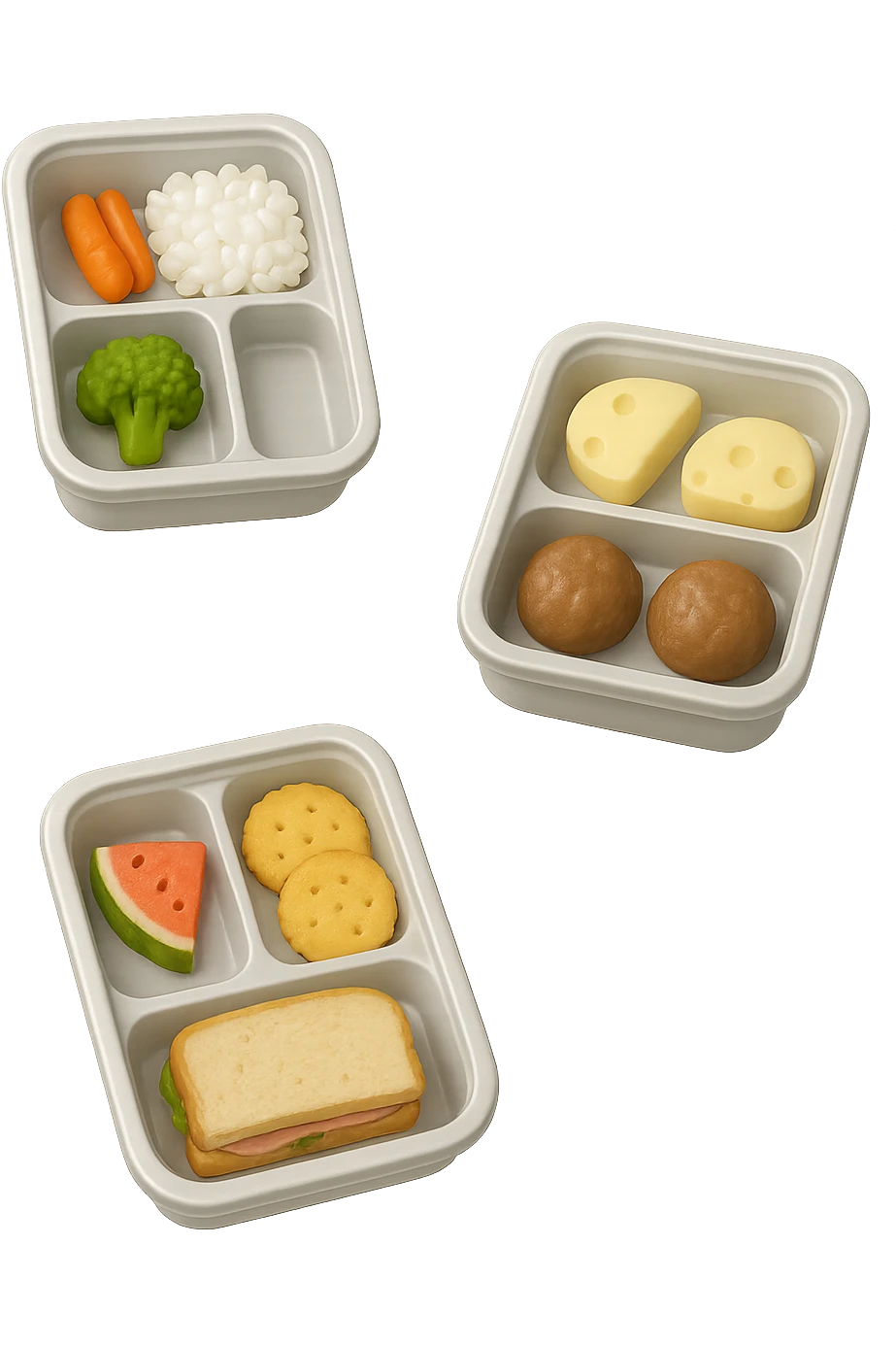 EMOJI STILE IPHONE DI UN 3 schiscette con poco cibo dentro, fluttuano in aria REALISTICA 4K emoji