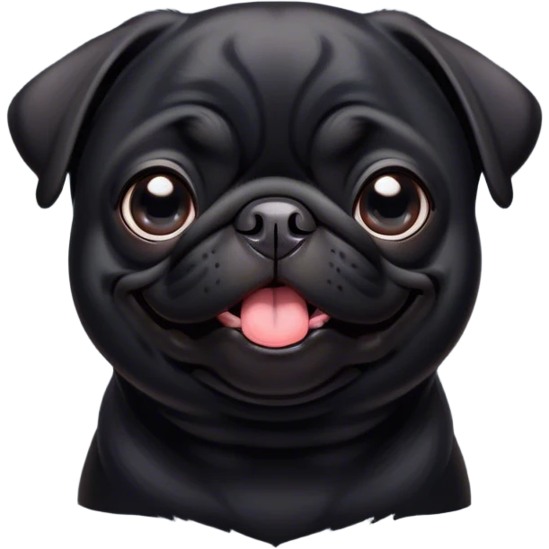 Cinematic Comical Black Pug Portrait Emoji, Head tilted dramatically with an exaggeratedly amused expression, featuring a sleek black coat with a glossy finish, wide, expressive dark eyes filled with playful disbelief, Simplified yet hilariously expressive features, highly detailed, glowing with a slightly sassy glow, high shine, dramatic yet playful, stylized with an air of cheeky mischief, bright and endearing, soft glowing outline, capturing the essence of a spirited and over-the-top companion, so meme-worthy it feels like it could side-eye its way into internet fame instantly! emoji