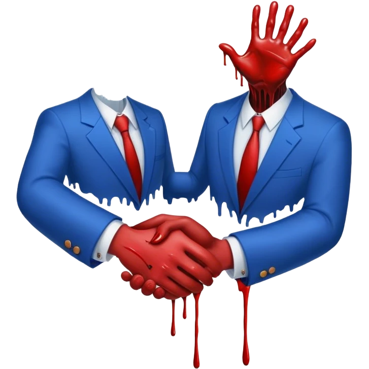 handshake, two hands in blue suits, blood on one of the hands drops emoji