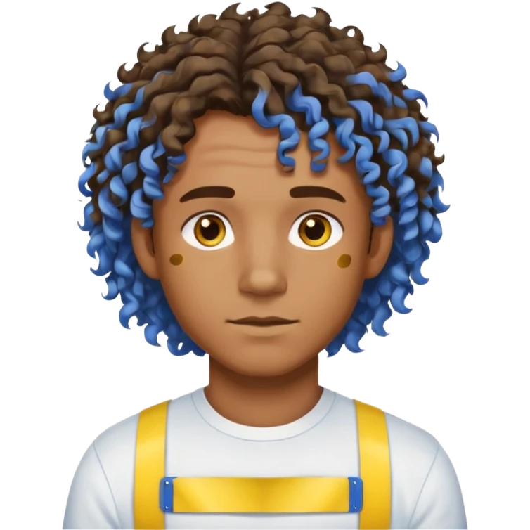 Make me an emoji that has a guy with a white shirt and yellow tape around the shirt with brown and blue spots hair make the hair curly make the yellow tape go around it emoji