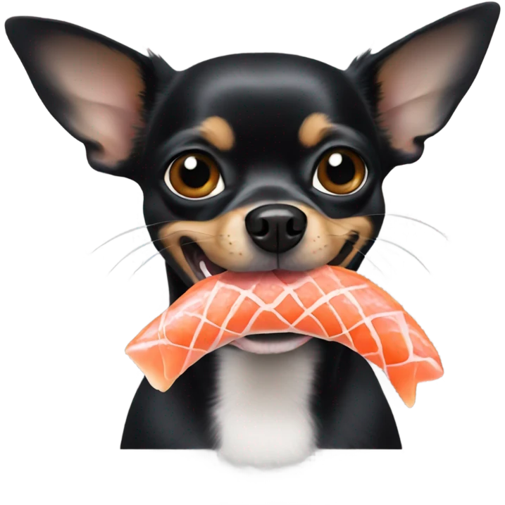 Black chihuahua with salmon in mouth emoji