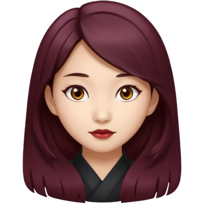 asian girl, long dark burgundy brown hair, hazel brown eyes, half lidded eyes, wolfcut hairstyle emoji