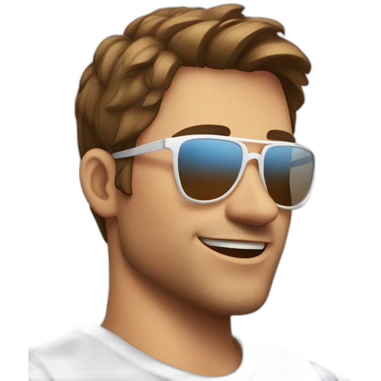 A young fit man with a white shirt and sunglasses on his hair with brown hair and a French flag in his hand emoji