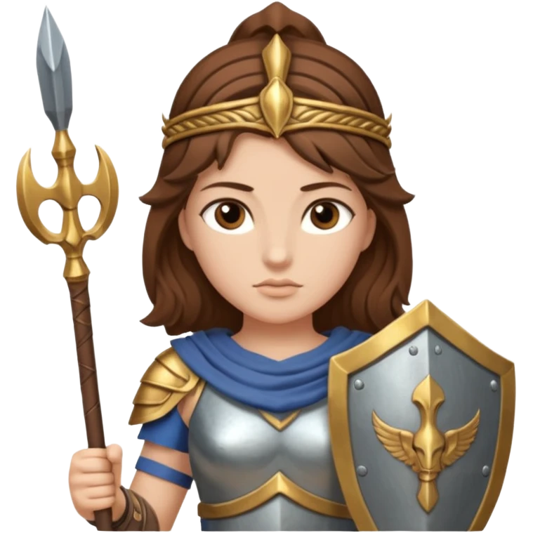 brown haired Athena the Greek goddess of disciplined, strategic warfare, calm, commanding figure leading with intelligence not force. wears light armour carries a spear, symbolising protection precise judgement. strategy, not aggression, embodying clarity, foresight and decisive action. emoji