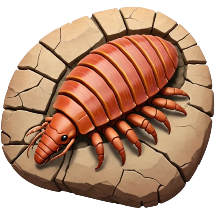 3D render of Trilobite, embedded in a chunk of rough sedimentary rock, cracked stone texture, ancient fossil aesthetic, fossilized in reddish sandstone rock, matte dry finish, Apple emoji style, isolated on white background --v 6.0 emoji