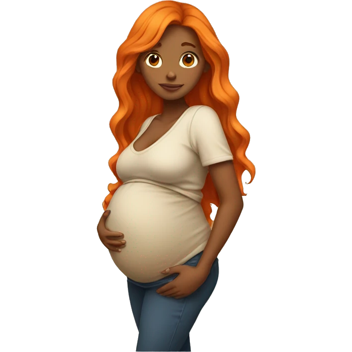 Tan girl with long orange hair holding pregnant stomach emoji