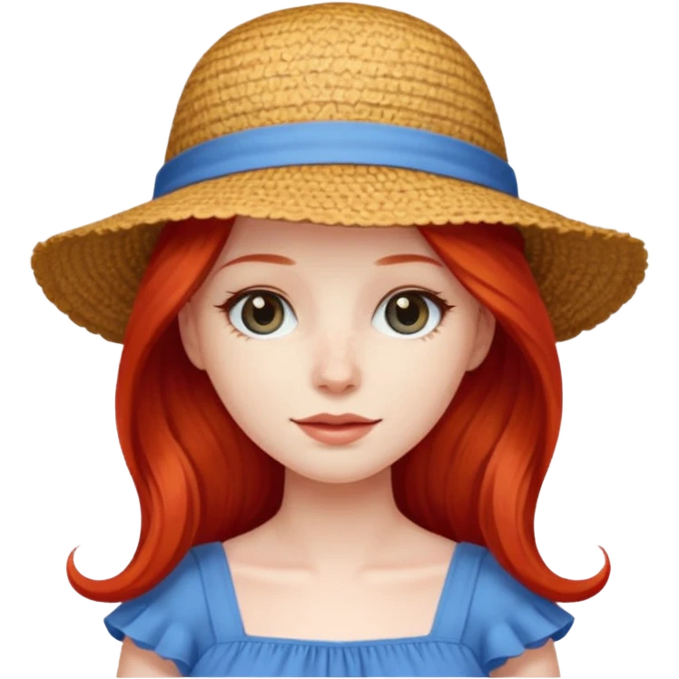 girl_wearing_summer_hat, red long hair, blue dress emoji