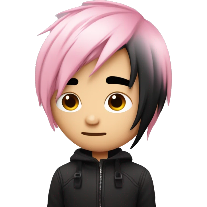 Create an emoji of an emo guy with split-dyed hair—one side pastel pink and the other side black. The hair should have a slightly messy, choppy texture, and the character should have a subtle, sad expression, wearing dark clothing typical of emo fashion emoji