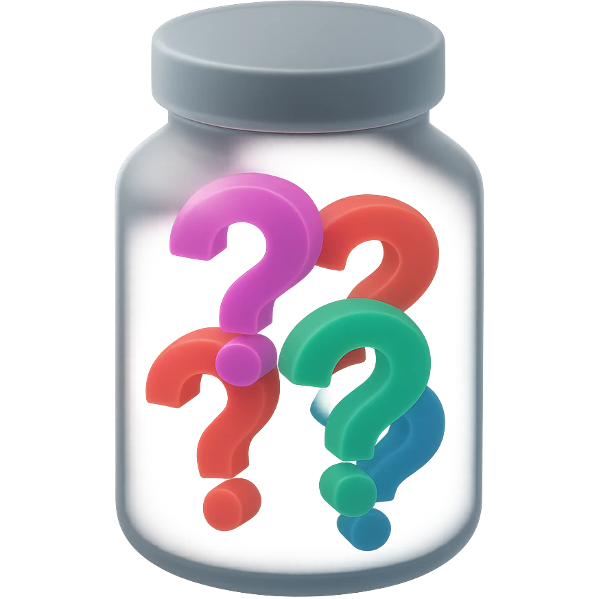 glass jar filled with colorful question marks inside, matte glass style emoji