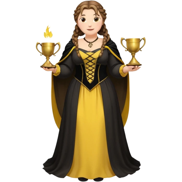 Helga Hufflepuff,brown-haired,2 braids,yellow-black medieval open dress,deep neckline,fat macromastia,black cloak decorated with gold braiding,gold cup with two handles,very kind smile,curvy busty sweet woman,round rosy cheeks,full length with medieval shoes emoji