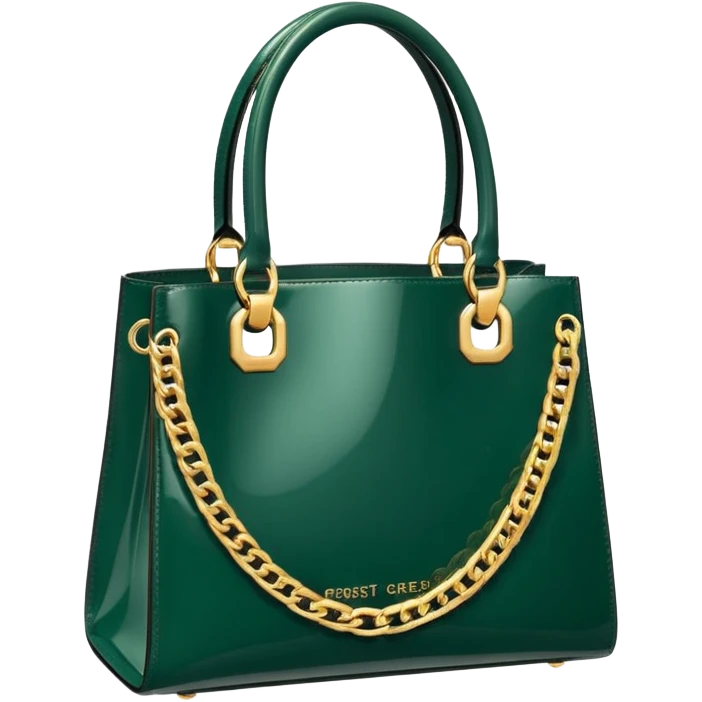 Realistic Luxury style forrest green patent leather tote bag, with detailed gold chains emoji