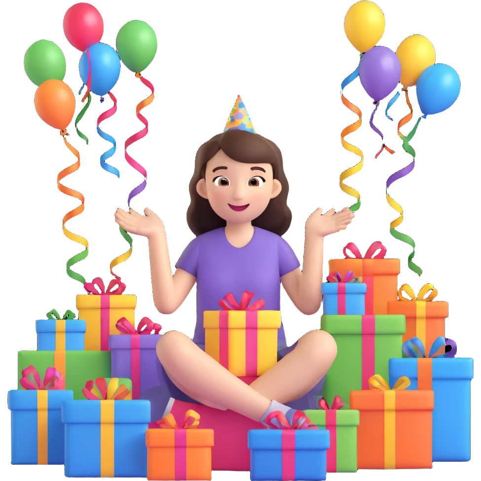 brunette girl opening birthday presents, excited, surrounded by gifts and streamers emoji