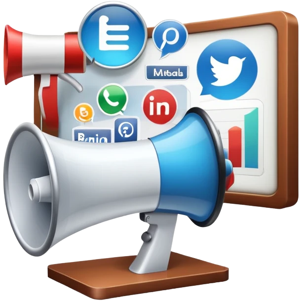 An icon featuring a megaphone, a billboard, and social media icons, symbolizing advertising and public relations. The design includes a press release and a rising graph, representing brand promotion and communication strategies. Transparent background highlights media influence and outreach. emoji