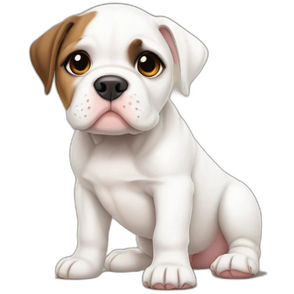 Sad White American bulldog puppy with a brown patch on her left eye and heart in the other emoji