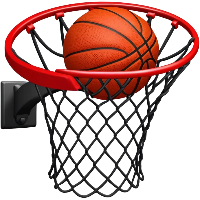 Red and black basketball halfway through net, freeze frame moment, iOS emoji style emoji