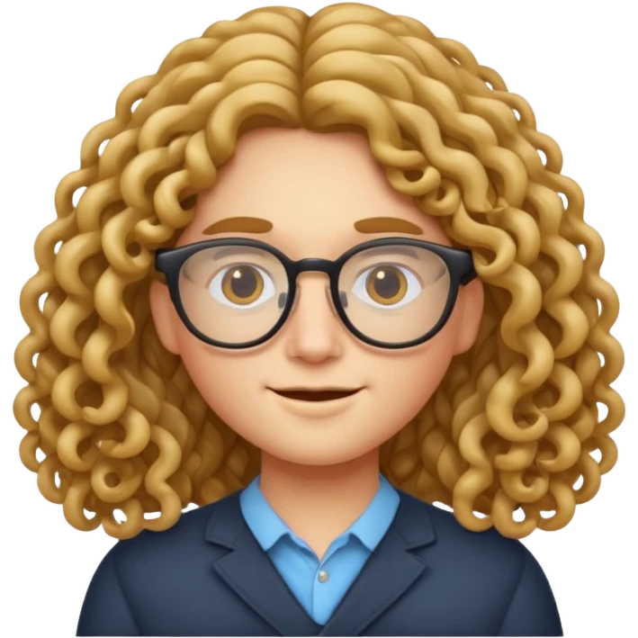 apple style emoji of a stylized face with long curly hair and glasses, Gen Z look emoji