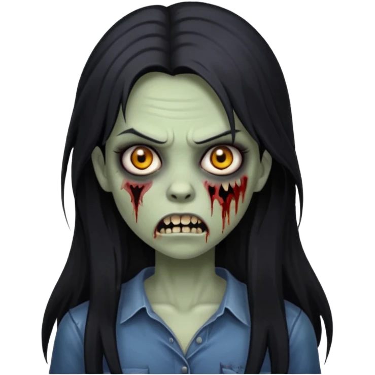 Girl zombie with black long hair with teeth and serious face IOS style emoji