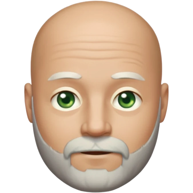 a man with light skin, a bald head, and a well-maintained beard that is darker at the top and greying towards the chin. He has striking light green eyes and a subtle, closed-mouth smile. The lighting highlights his face, and the background is softly blurred, suggesting an indoor setting. emoji