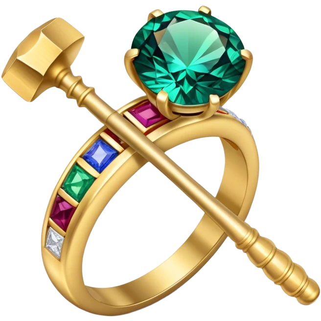 Create a bright and eye-catching emoji symbolizing jewelry craftsmanship and the art of making jewelry. Include a sparkling gemstone, a delicate ring, and tools like a hammer or chisel. The design should be elegant, with fine details and a luxurious feel, representing the precision and artistry of jewelry making. Use vivid colors like gold, silver, and deep jewel tones for the gemstone. Ensure the icon has a transparent background. emoji