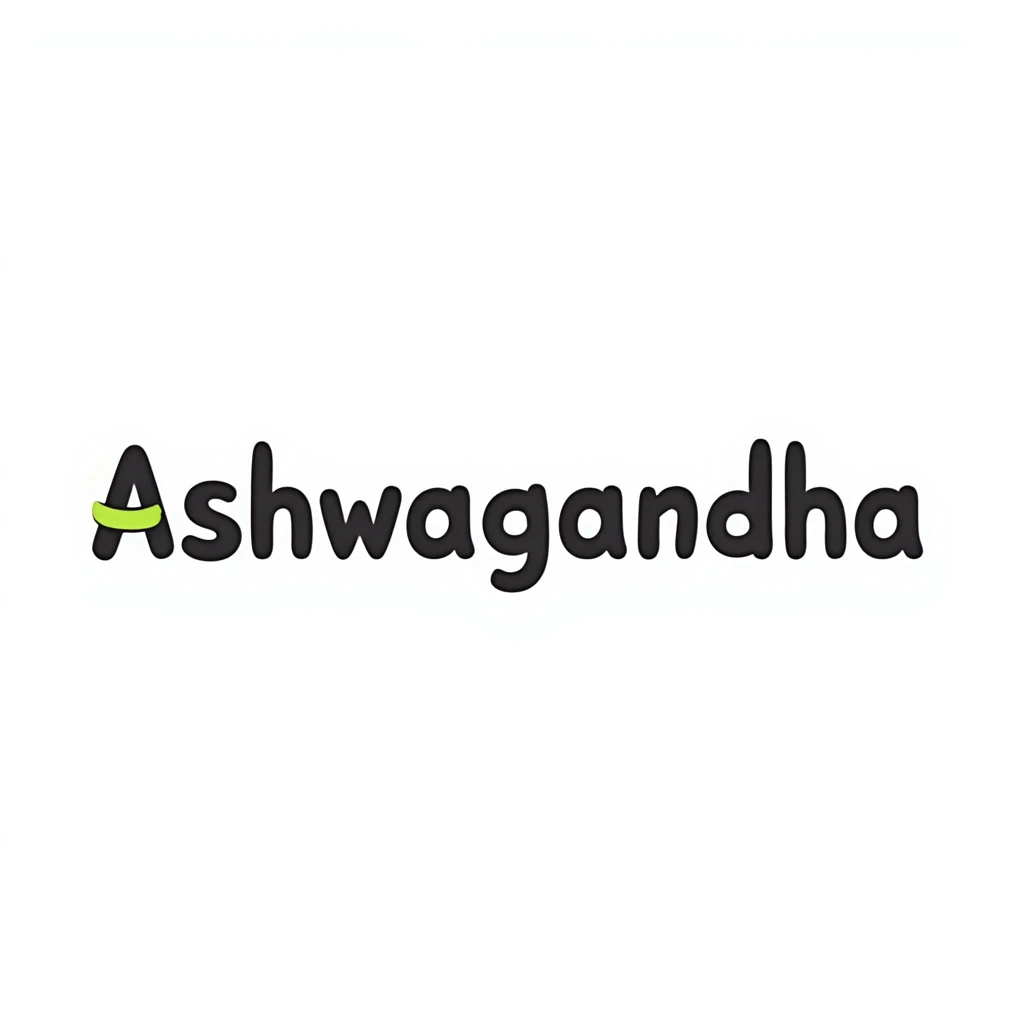 The word "Ashwagandha" written in a fun, playful hand-drawn style using just two or three colors. Simple doodle with minimal decoration. emoji