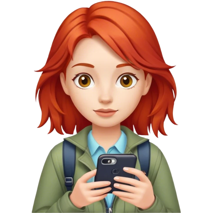 Girl turist  with red hair and cute clothes and cell emoji