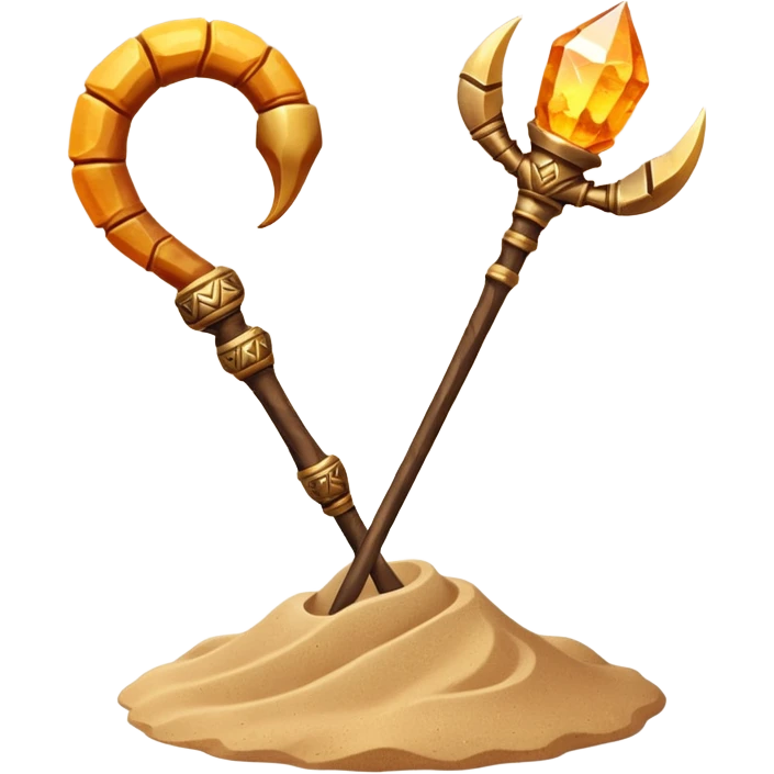desert sand mage staff object icon, staff topped with a scorpion-shaped sand crystal, glowing amber aura, tribal desert carvings, floating sand dust, 3D cartoon, mobile game icon style, centered, clean background, no text, no watermark
 emoji
