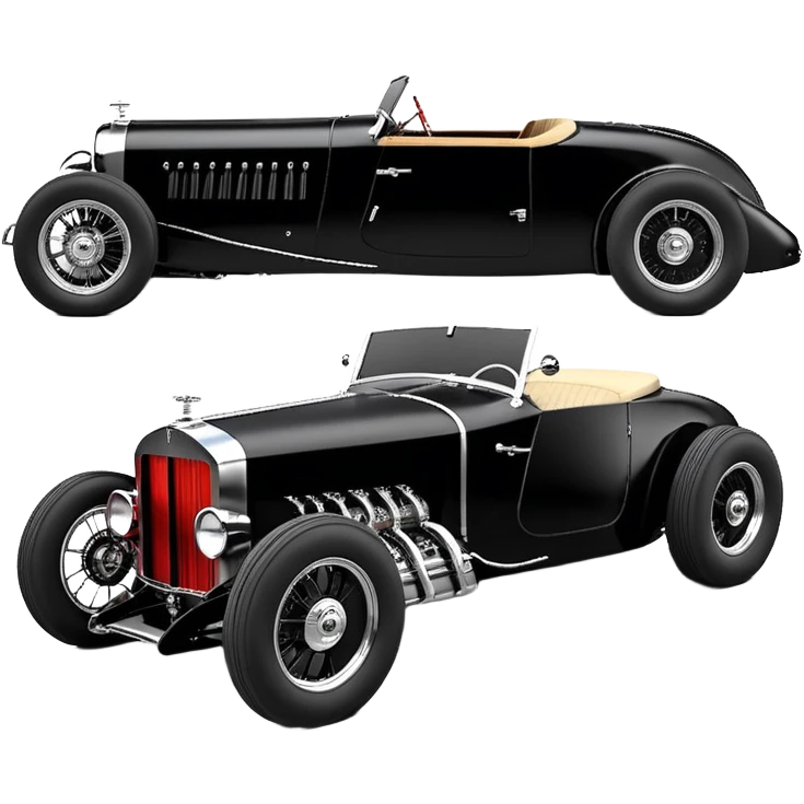Wednesday Adam’s Blood stained Satanic Darth Vader black Bare bones (channeled cowl) drag racing and speed record modified (fenders removed) chopped streamlined sporty roadster that is a (stripped down) hot street rodded engine sports car 1932 Rolls Royce Woody futuristic  wide racing wheels emoji
