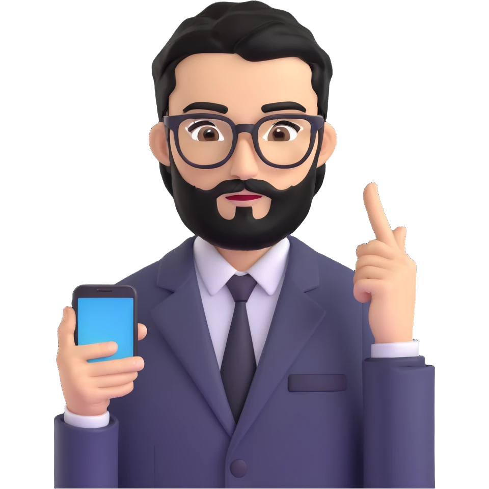 businessman with medium black beard, black hair styled to one side, connected unibrow, olive skin, brown eyes, glasses, prominent nose, in formal black jacket, focused on using smartphone touchscreen, with subtle modern office environment in background emoji