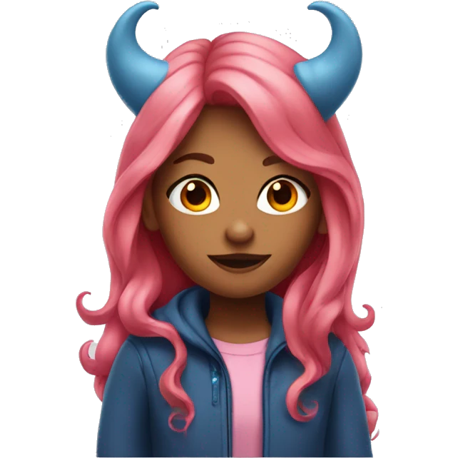 Girl with long pink hair and red devil horns and blue jacket emoji