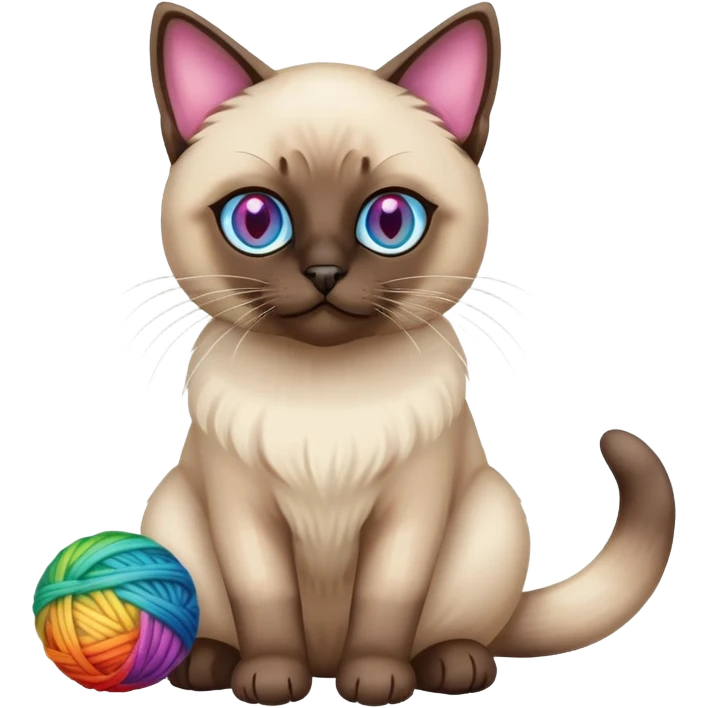 Siamese cat sitting full body with rainbow eyes playing with a wool ball emoji