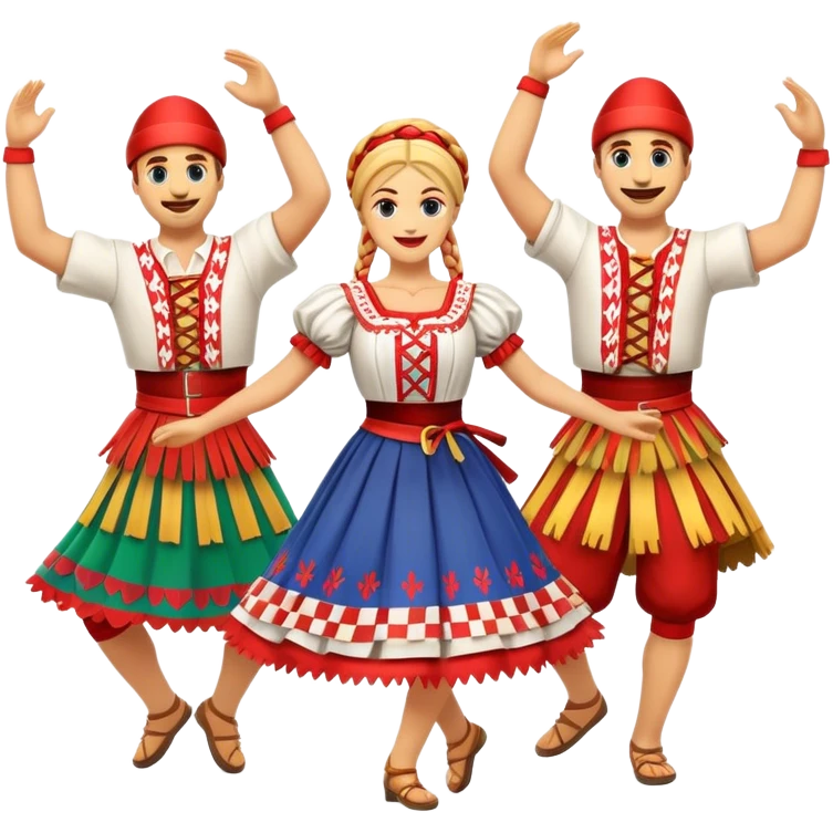 Cinematic Realistic Linđo Dance Emoji, depicted as a traditional Croatian folk dance with lively movements and colorful costumes, rendered with dynamic textures and vibrant festive lighting that captures its cultural vibrancy. emoji