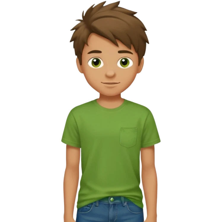 A 14 yerar old teenage boy, slightly tanned, wearing a green tshirt (no shirt pocket), blue jeans and green sneakers with brown tousled hair, smirking emoji