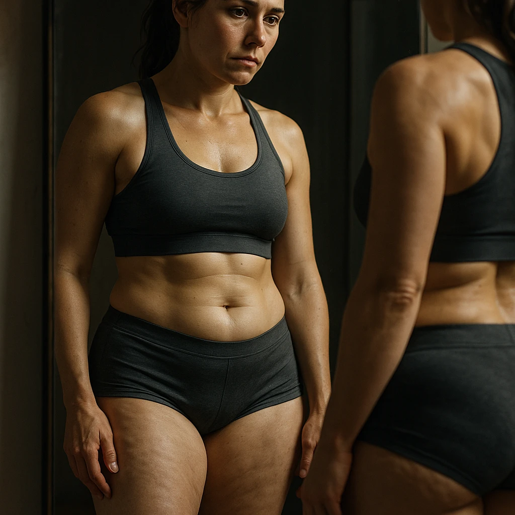 hyper realistic 4K image of a woman looking at herself in the mirror, fit but with stubborn fat on legs and thighs, detailed skin, reflective expression, cinematic lighting emoji