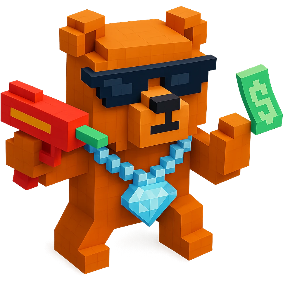Russian grizzly bear in a rapper pose, wearing a diamond chain and holding a money gun emoji