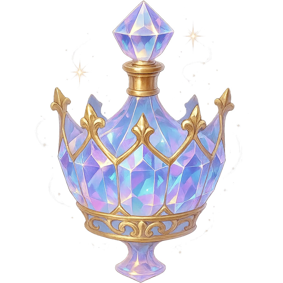 crystal luxurious elixir bottle shaped like a crown, pastel gradient, lots of glowing highlights, facets, ornaments, golden details, magical effects, very small golden neck, transparent background, beautiful merging base, clearly floating in air, no base or shadow, very luxurious, interesting, fits collection emoji