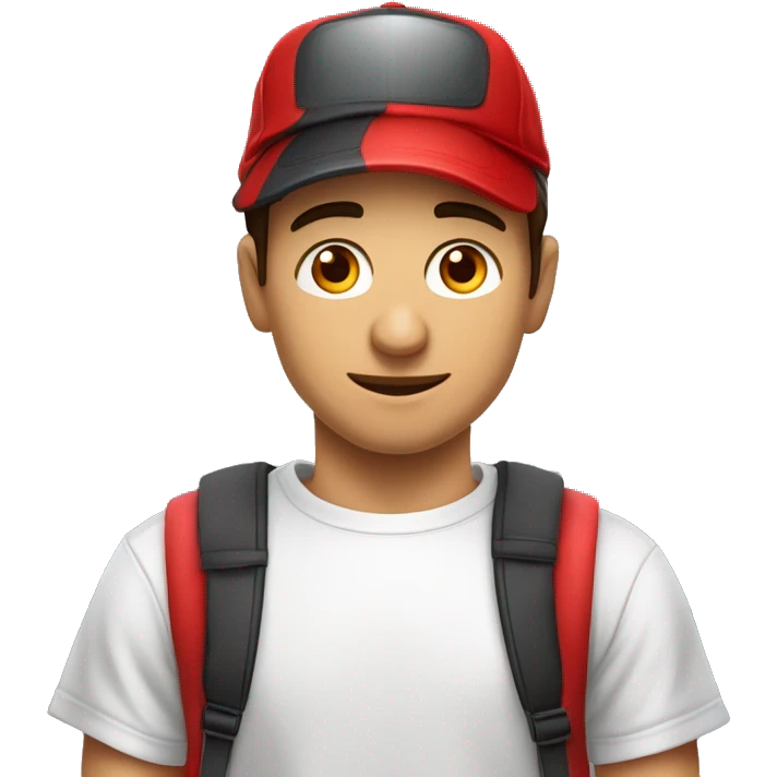 Hombre, masculino, joven de unos 30 a 40 años, de ascendencia latina, con una camiseta compuesta por bastones rojos y blancos de manera vertical y un gorra roja  emoji