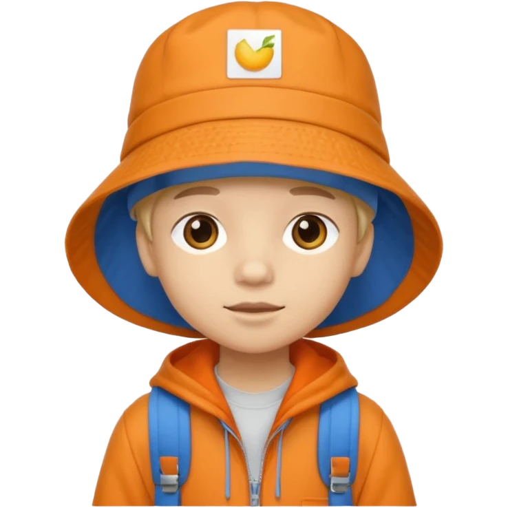 A little student with beige bucket hat, orange jacket, blue backpack emoji