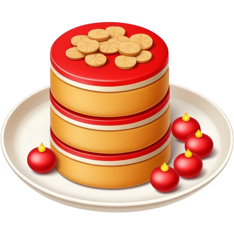 Chinese New Year Nian Gao sweet rice cake with red decorations, simplified emoji style with bold outlines and bright colors, cartoon style sticky new year dessert emoji
