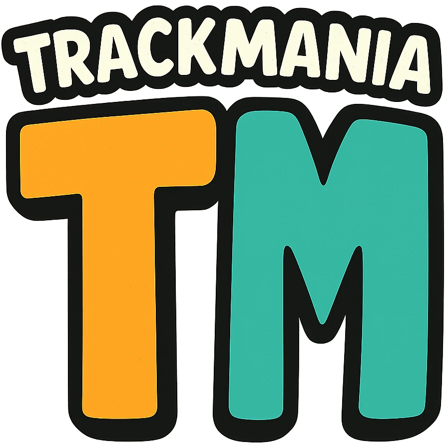 flat toon style logo of 'Trackmania' word in cartoon style above playful colored 'T' and 'M' split vertically down the middle emoji
