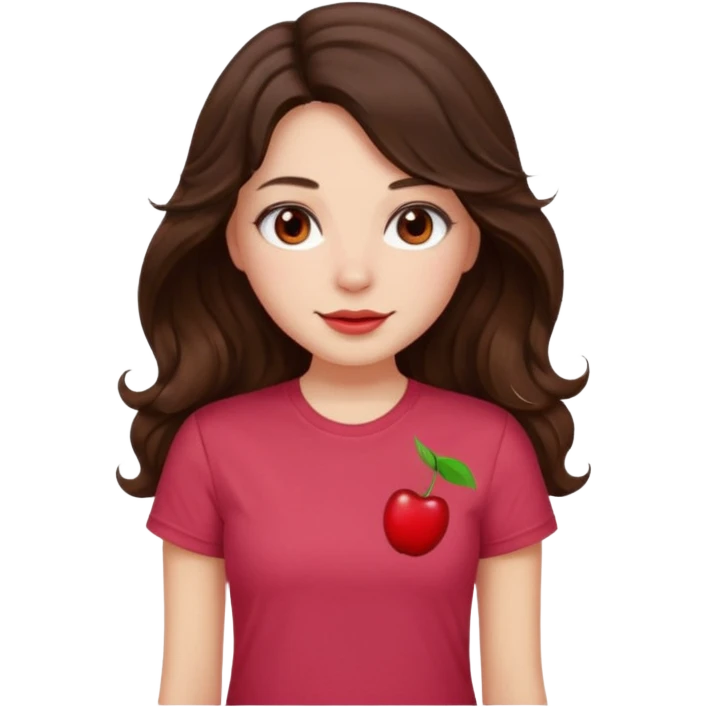 Brunette girl with long wavy hai length hair and blush, wearing cherry red tshirt emoji